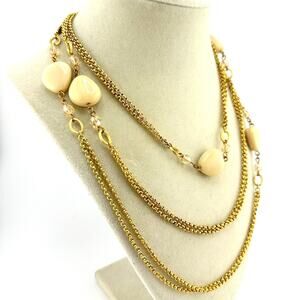 Paste Vintage Style Cream Acrylic Glass Bead Gold Tone Station 54” Necklace